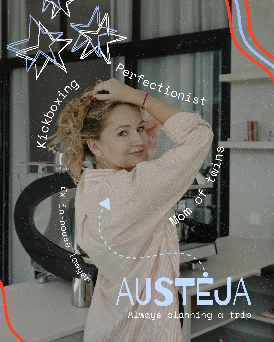 Austėja – Art Offline įkūrėjos portretas su jos pomėgiais ir pieštomis dekoracijomis