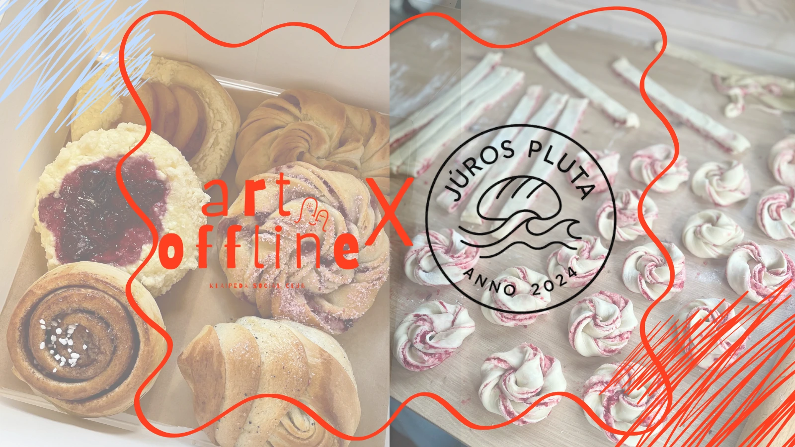 Art Offline ir Jūros plutos kepinių maketas su bandelėmis ir abiejų partnerių logotipais