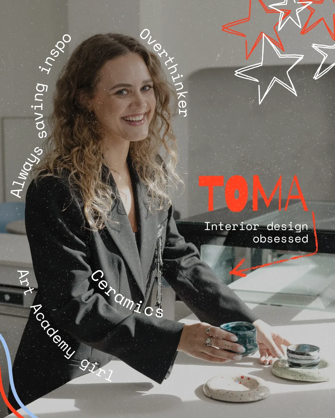 Toma – Art Offline įkūrėjos portretas su jos pomėgiais ir pieštomis dekoracijomis