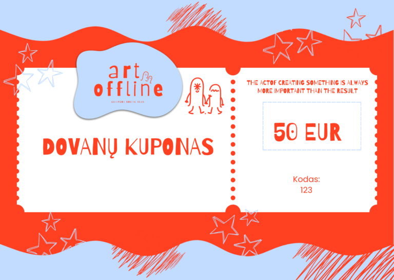 Art Offline dovanų kupono maketas su pavyzdine 50 EUR suma ir kodu 123